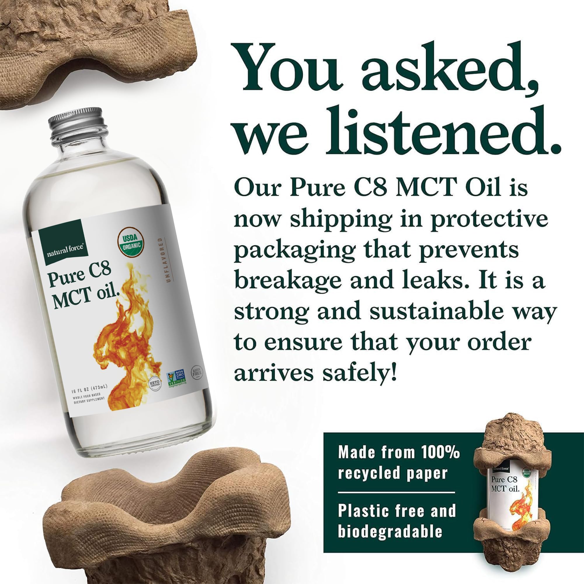Natural Force Pure C8 MCT Oil pour shows easy drizzle for smoothies.