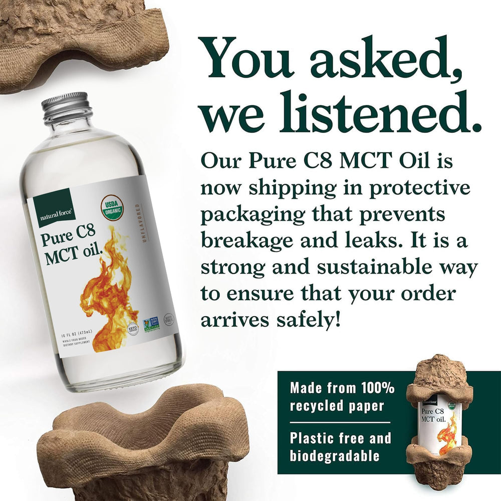 Natural Force Pure C8 MCT Oil pour shows easy drizzle for smoothies.
