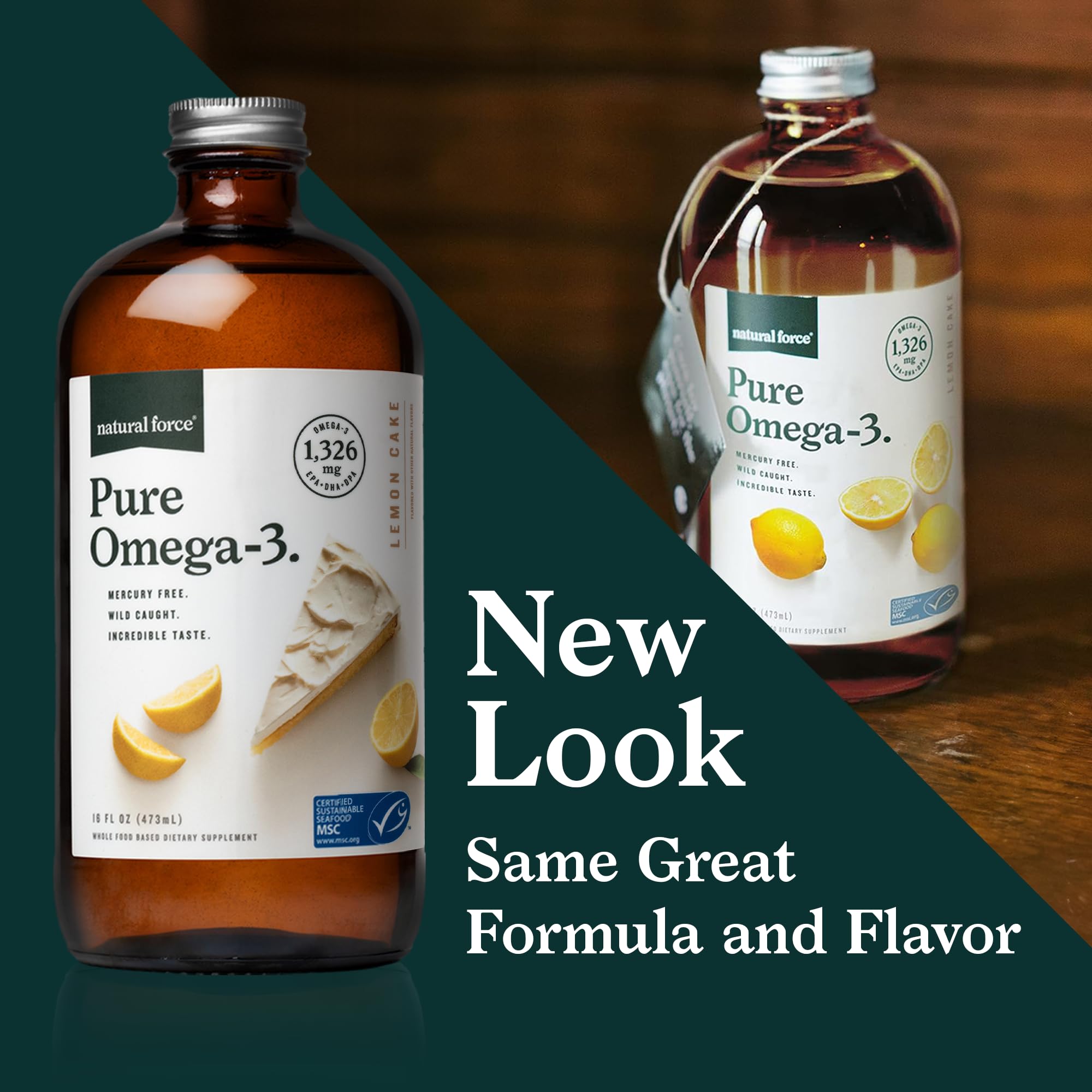 Natural Force Pure Omega-3 amber glass bottle preserves freshness and flavor.