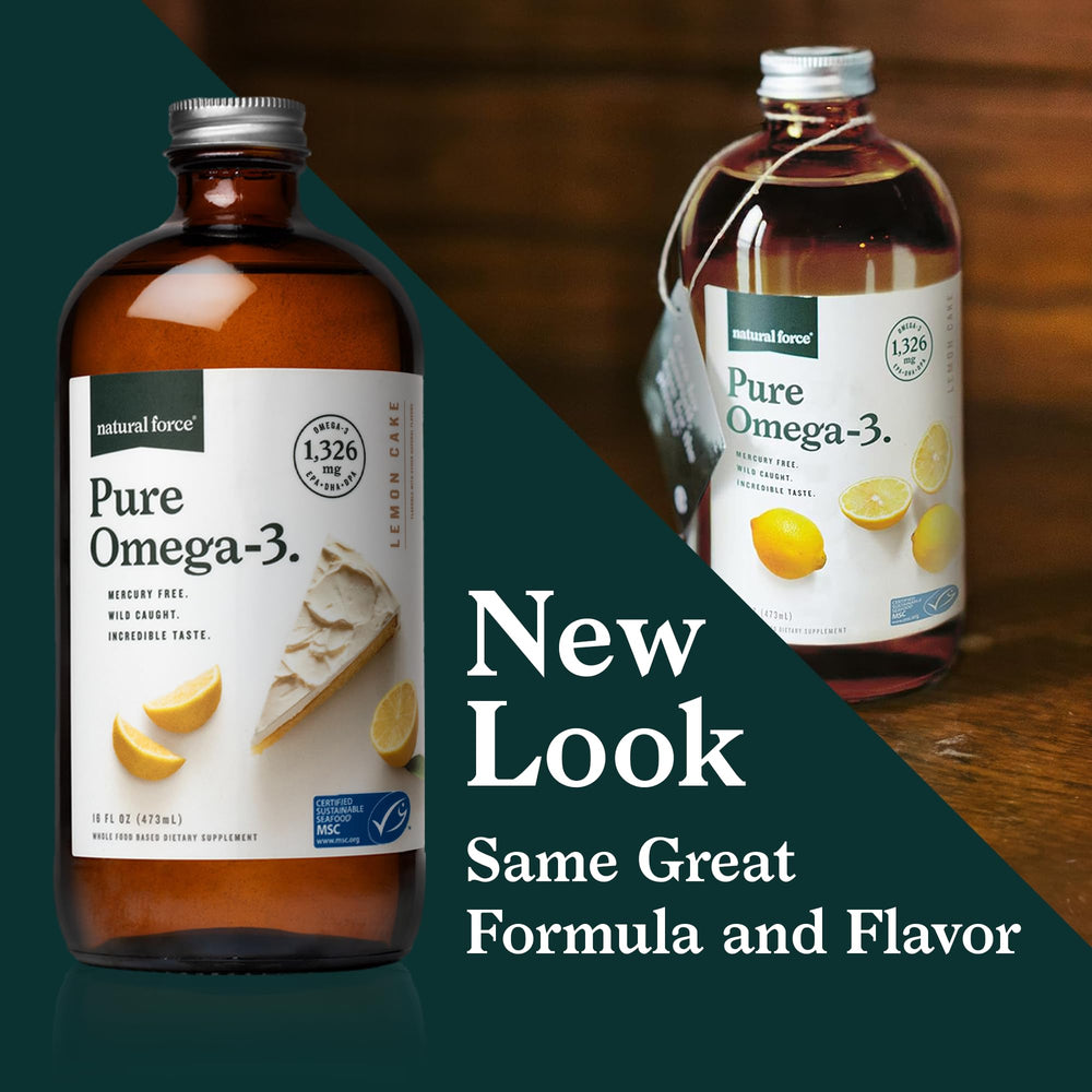Natural Force Pure Omega-3 amber glass bottle preserves freshness and flavor.