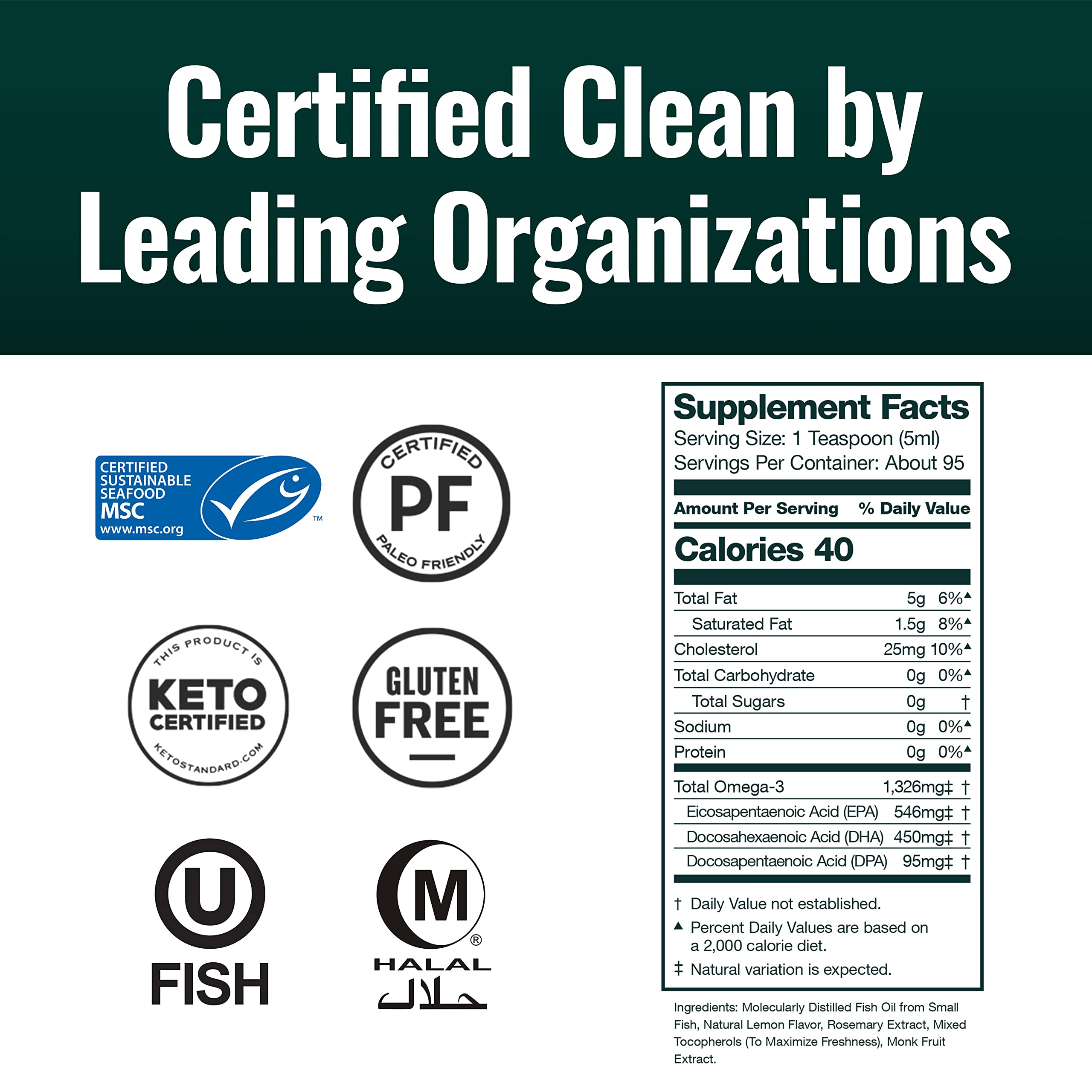 Natural Force Pure Omega-3 label emphasizes mercury-free purity and sustainable sourcing.