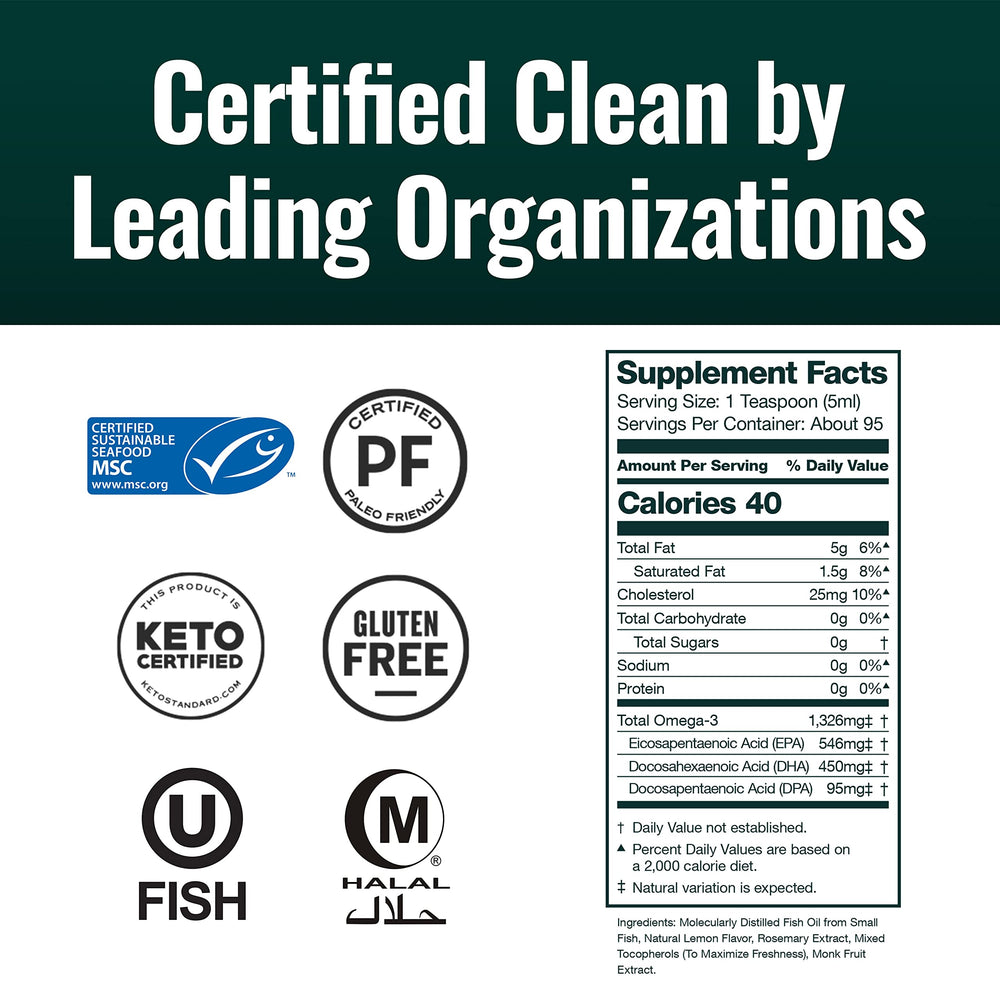 Natural Force Pure Omega-3 label emphasizes mercury-free purity and sustainable sourcing.