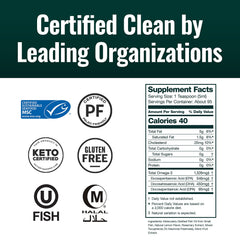 Natural Force Pure Omega-3 label emphasizes mercury-free purity and sustainable sourcing.