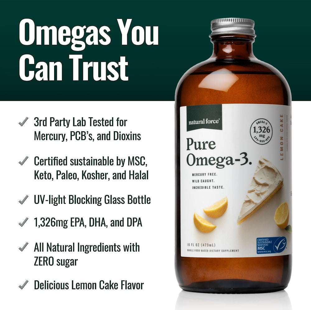 Natural Force Pure Omega-3 lemon cake spoon-dispense shows easy one-teaspoon serving.