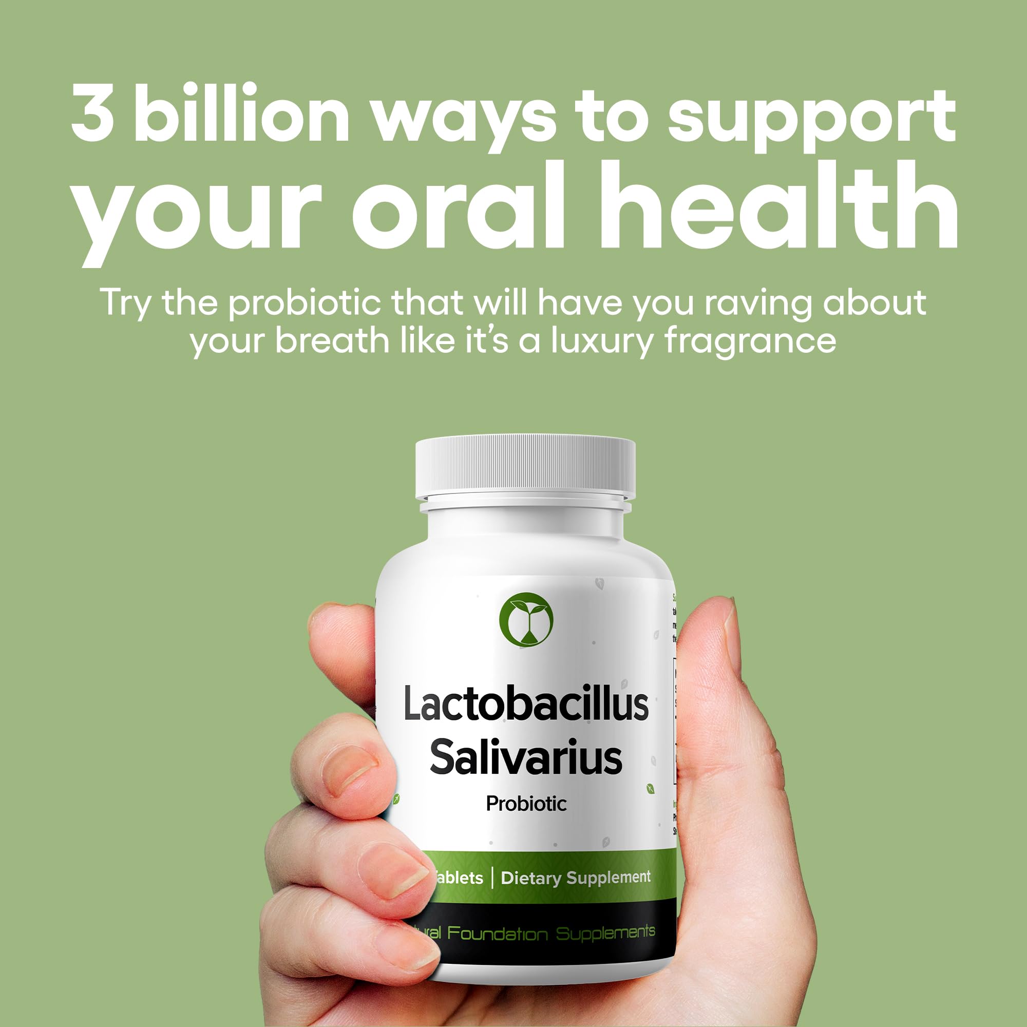 Natural Foundation Lactobacillus Salivarius label front displays 3 Billion CFU potency.
