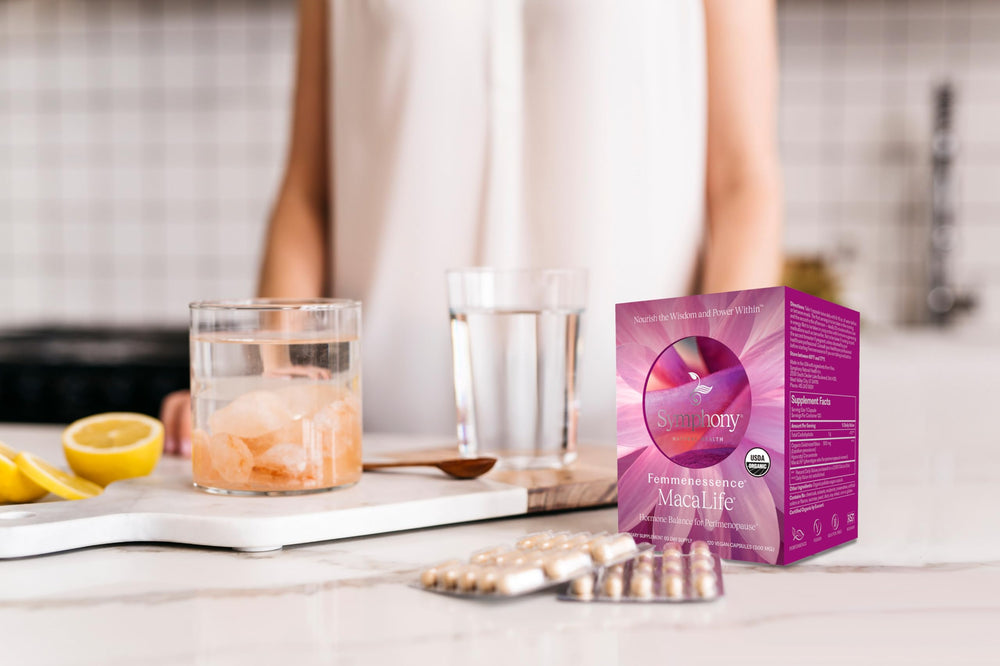 Natural Health International Femmenessence MacaLife capsules close-up showing vegan, organic formulation.
