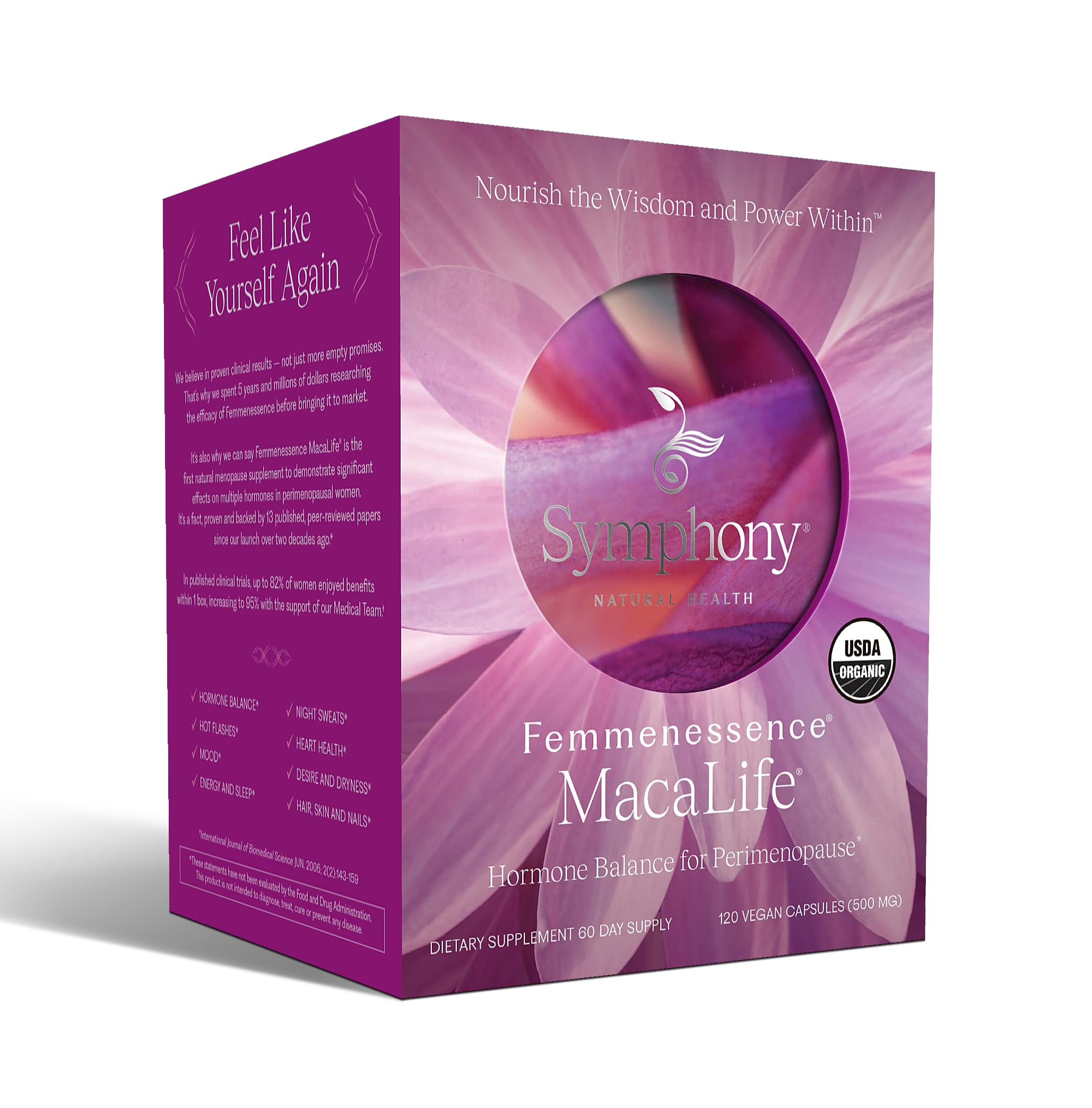 Natural Health International Femmenessence MacaLife ingredient leaf emphasizes natural origin.