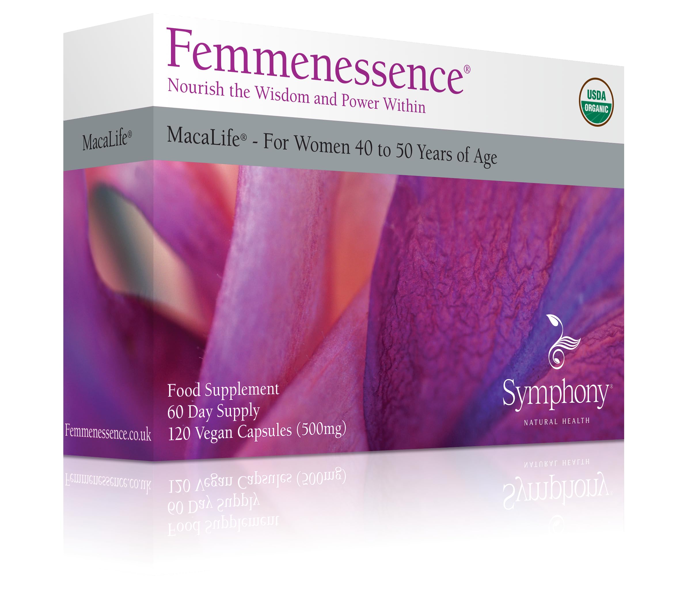 Natural Health International Femmenessence MacaLife vegan icon confirms plant-based ingredients.