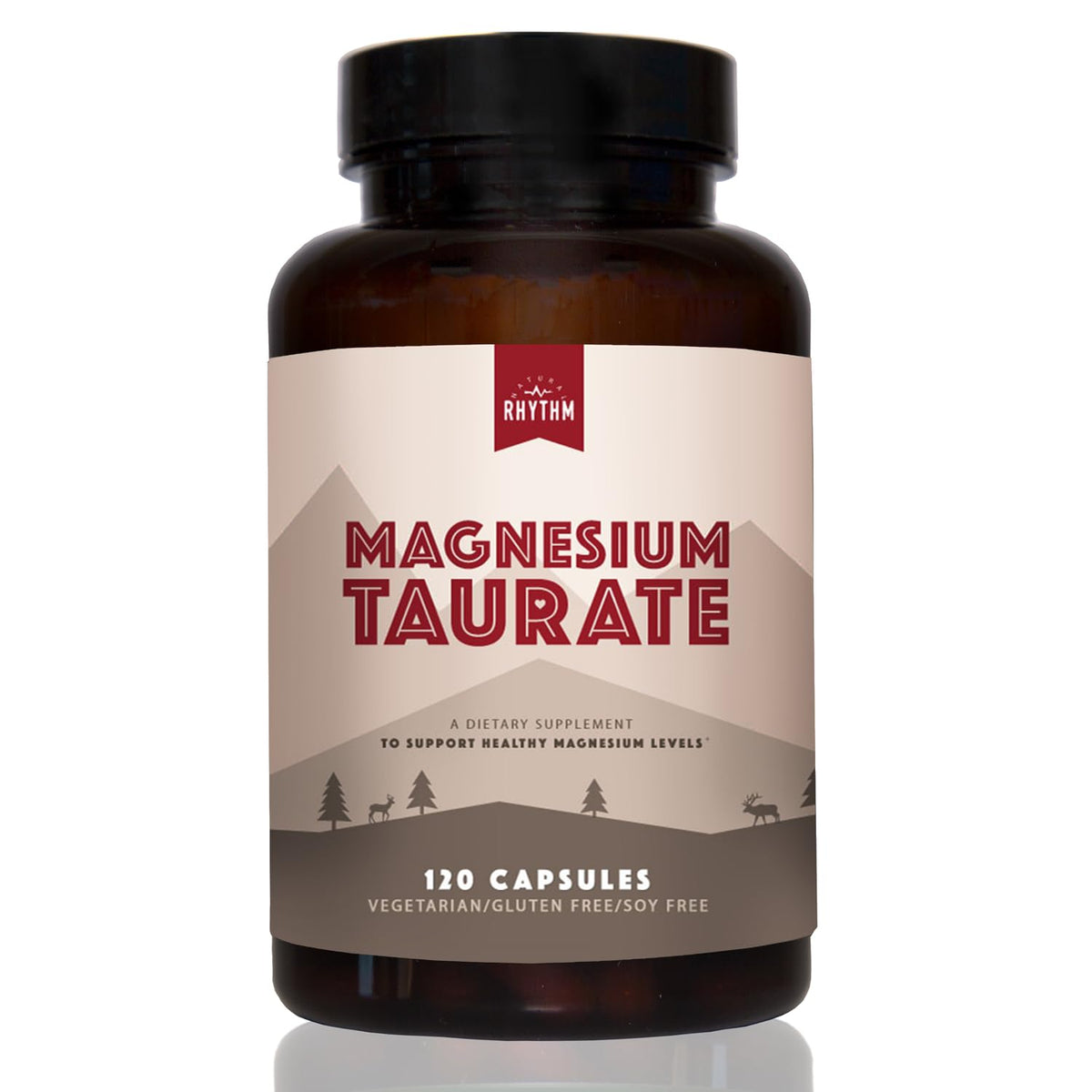 Natural Rhythm Magnesium Taurate 750mg bottle front promotes daily heart and muscle support.