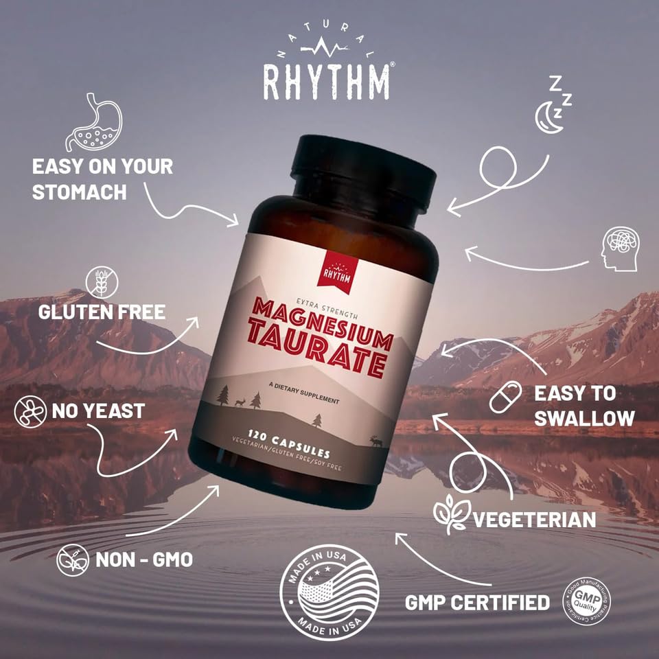 Natural Rhythm Magnesium Taurate bottle label emphasizes non-GMO, gluten-free, USA-made quality.