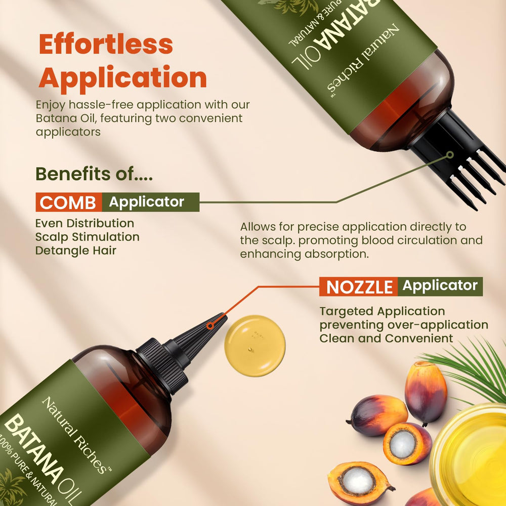 Scalp care with Batana Oil shown as nourishing treatment.