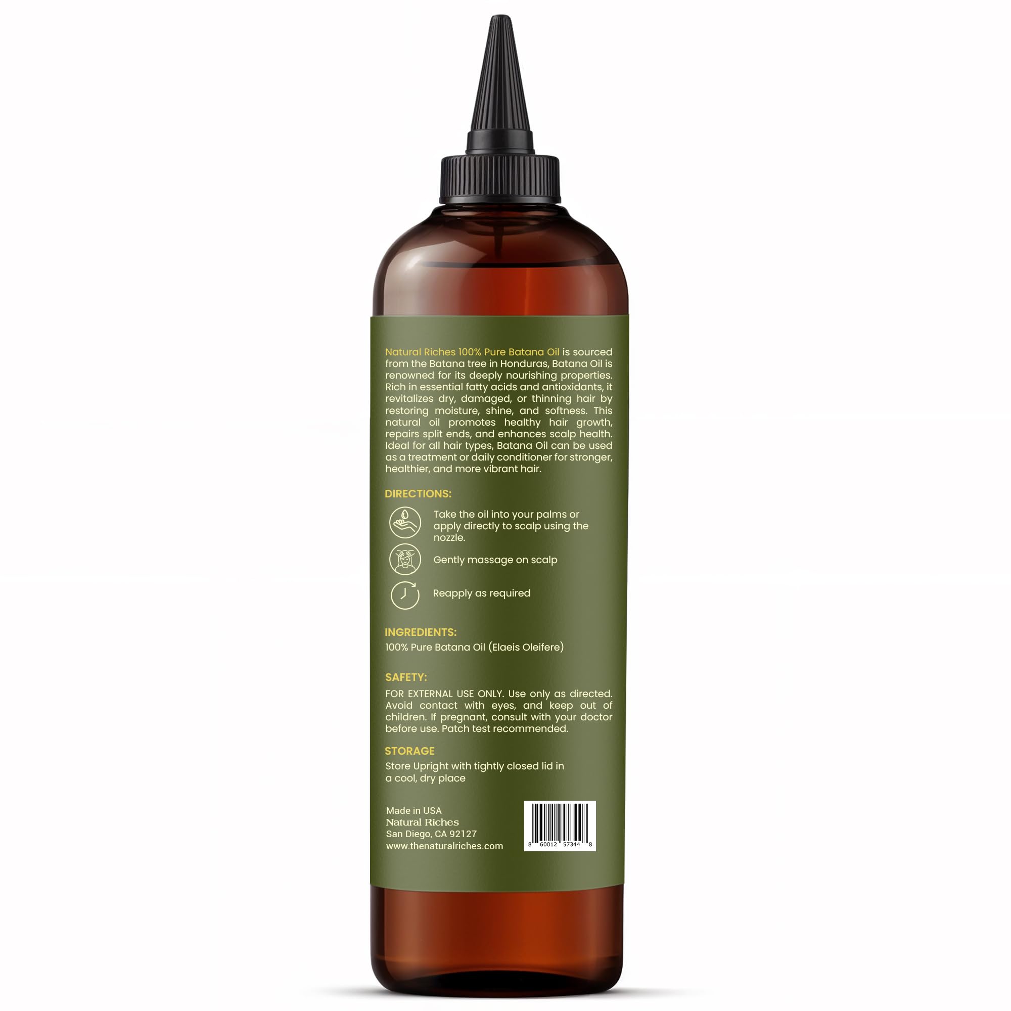 Cruelty-free and vegan badge on Natural Riches Batana Oil packaging.
