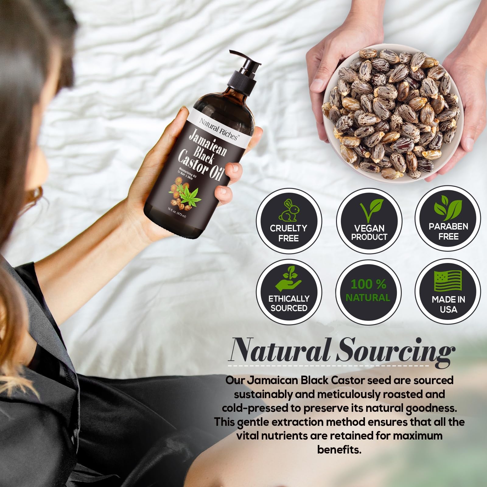 Natural Riches cold-pressed process close-up highlighting unrefined purity.