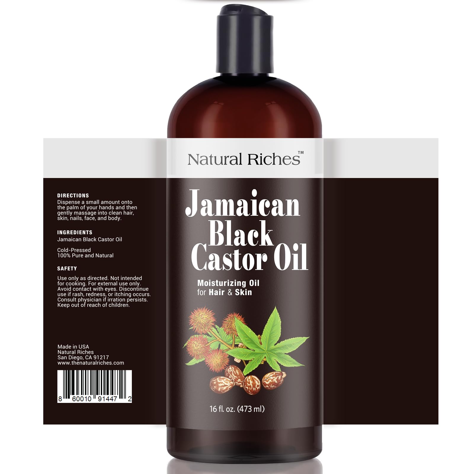 Natural Riches ingredients label highlighting organic cold-pressed extraction and natural nutrients