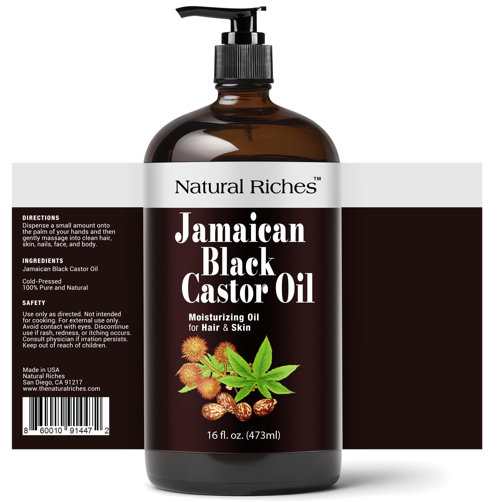 Natural Riches Jamaican Black Castor Oil label close-up highlighting authentic cold-pressed quality.