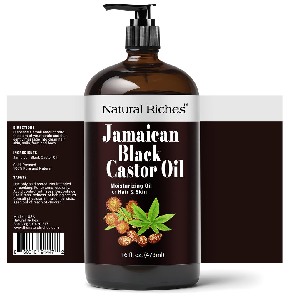 Natural Riches Jamaican Black Castor Oil label close-up highlighting authentic cold-pressed quality.