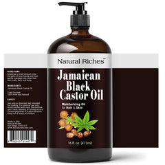 Natural Riches Jamaican Black Castor Oil label close-up highlighting authentic cold-pressed quality.