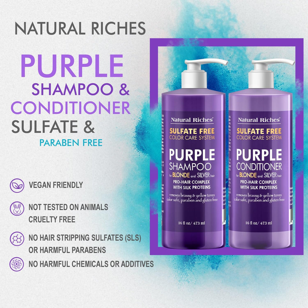 Natural Riches Purple packaging display highlights USA-made sulfate-free color-safe claim.