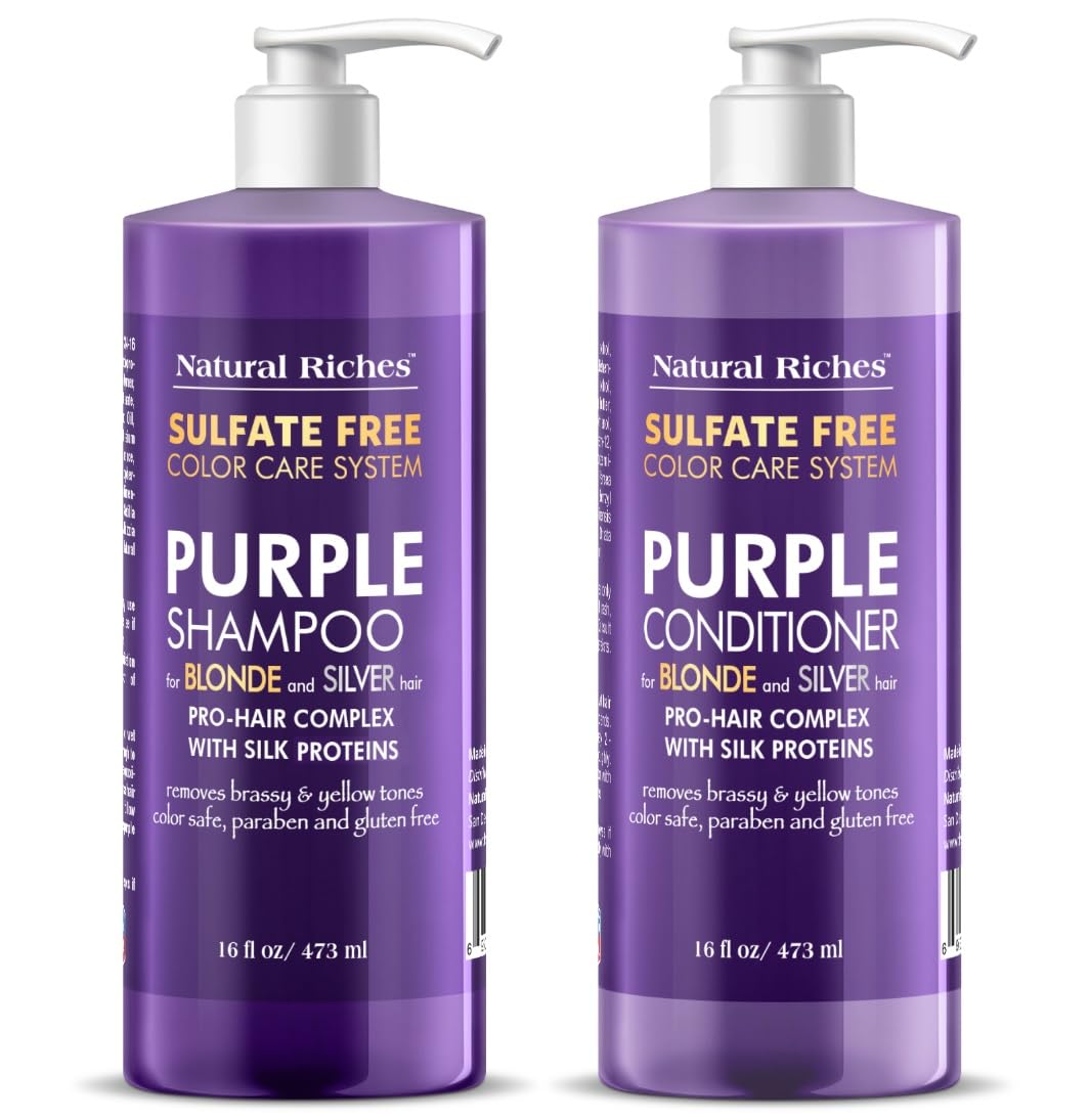 Natural Riches Purple Shampoo bottle showing color-safe formula for blondes and silvers.