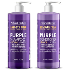 Natural Riches Purple Shampoo bottle showing color-safe formula for blondes and silvers.