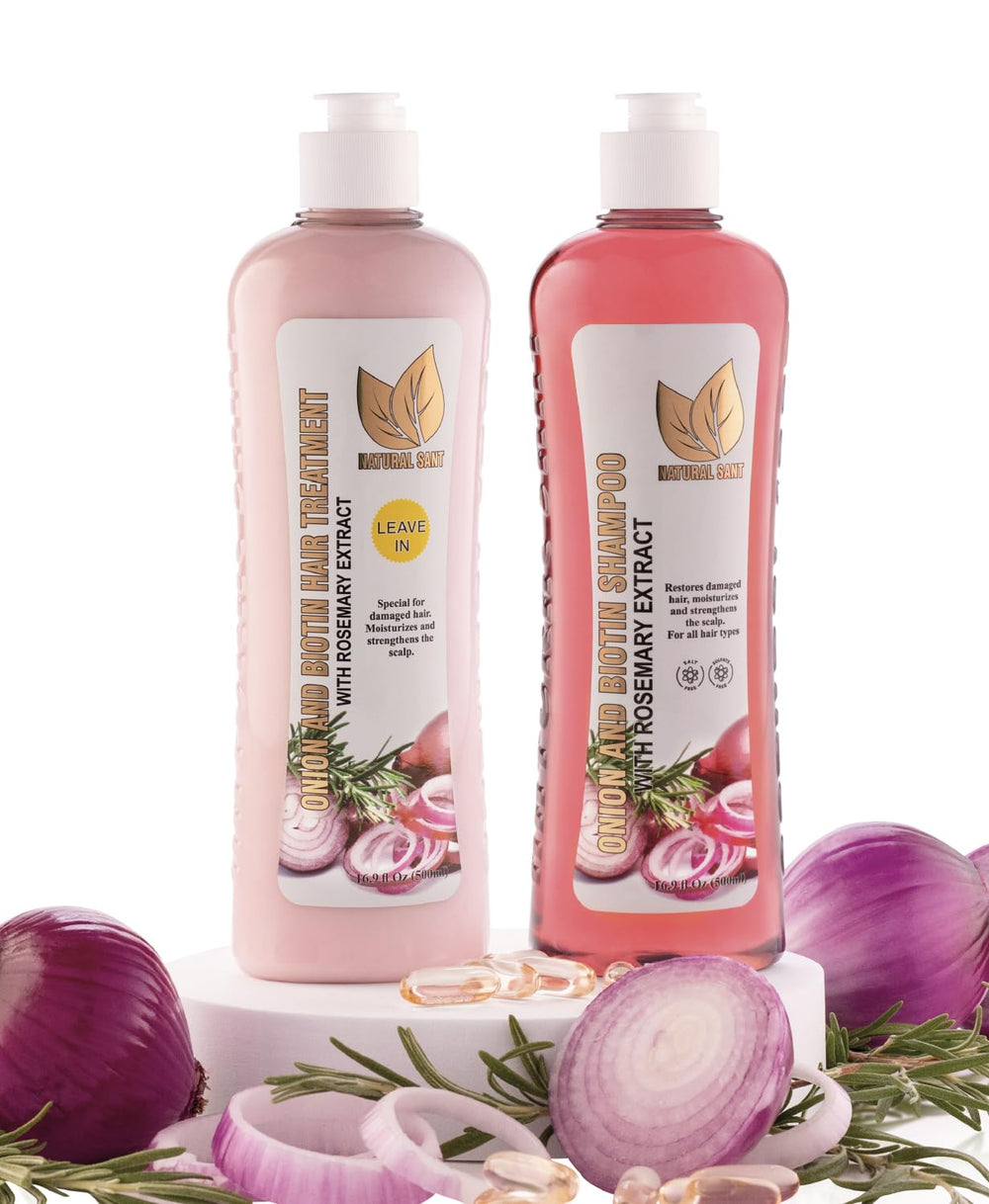 Natural Sant onion biotin rosemary shampoo bottle showing nourishing formula for healthier hair.