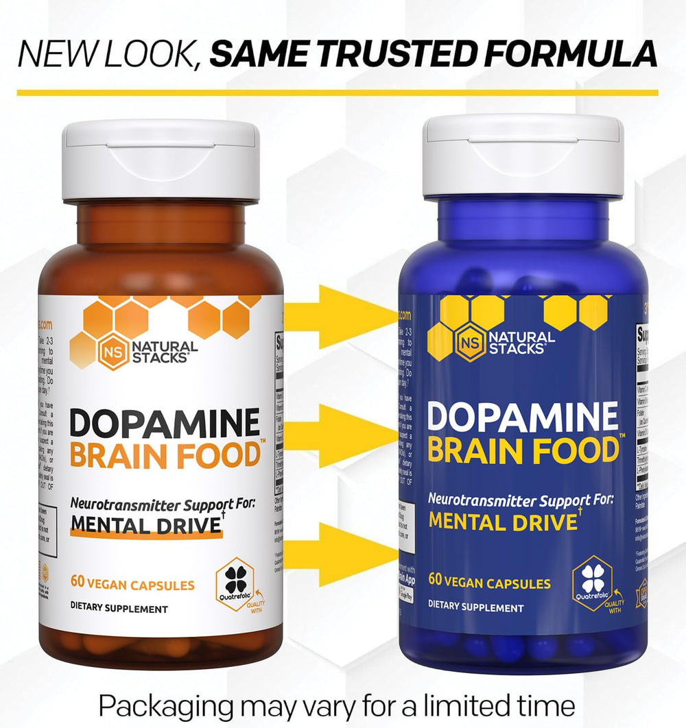 NATURAL STACKS Dopamine bottle side shows dosage information for informed use