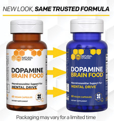 NATURAL STACKS Dopamine bottle side shows dosage information for informed use