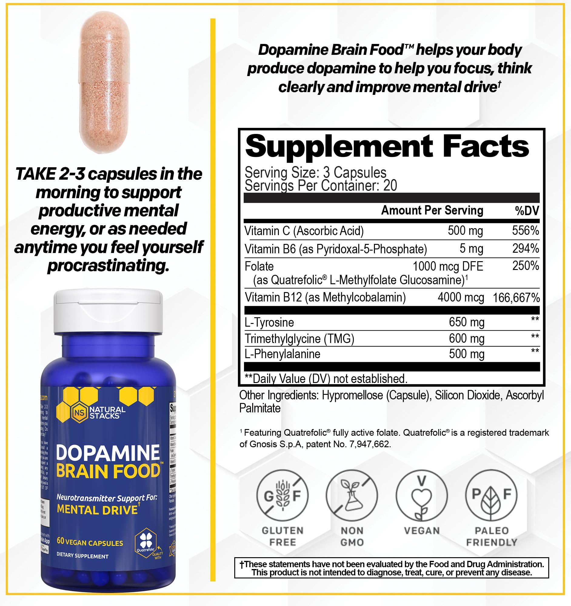 NATURAL STACKS Dopamine ingredients label highlights L-Tyrosine and L-Phenylalanine