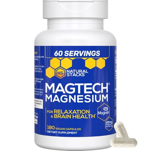 Natural Stacks MagTech bottle back lists ingredients and relaxation-friendly benefits.