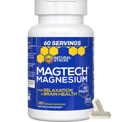 Natural Stacks MagTech bottle back lists ingredients and relaxation-friendly benefits.