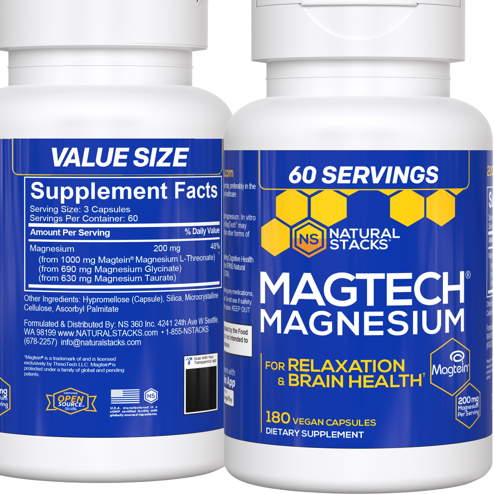 Natural Stacks MagTech bottle front shows a triple magnesium blend for brain support.
