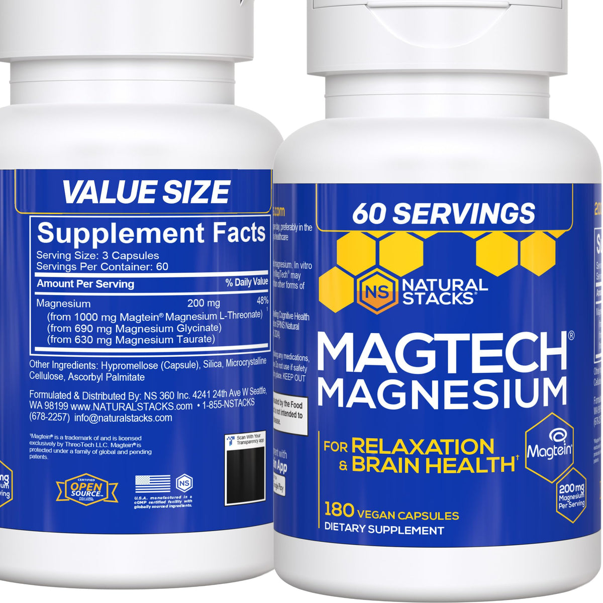 Natural Stacks MagTech bottle front shows a triple magnesium blend for brain support.