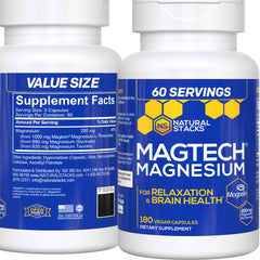 Natural Stacks MagTech bottle front shows a triple magnesium blend for brain support.