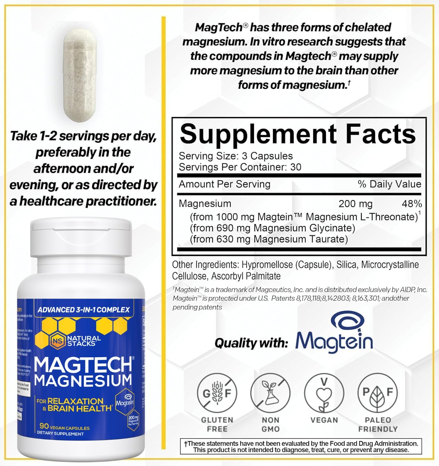 Natural Stacks MagTech capsules close-up showing triple magnesium complex for cognition support.