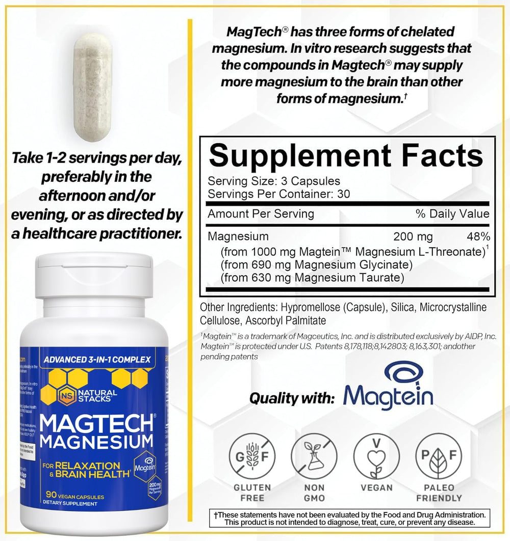 Natural Stacks MagTech capsules close-up showing triple magnesium complex for cognition support.