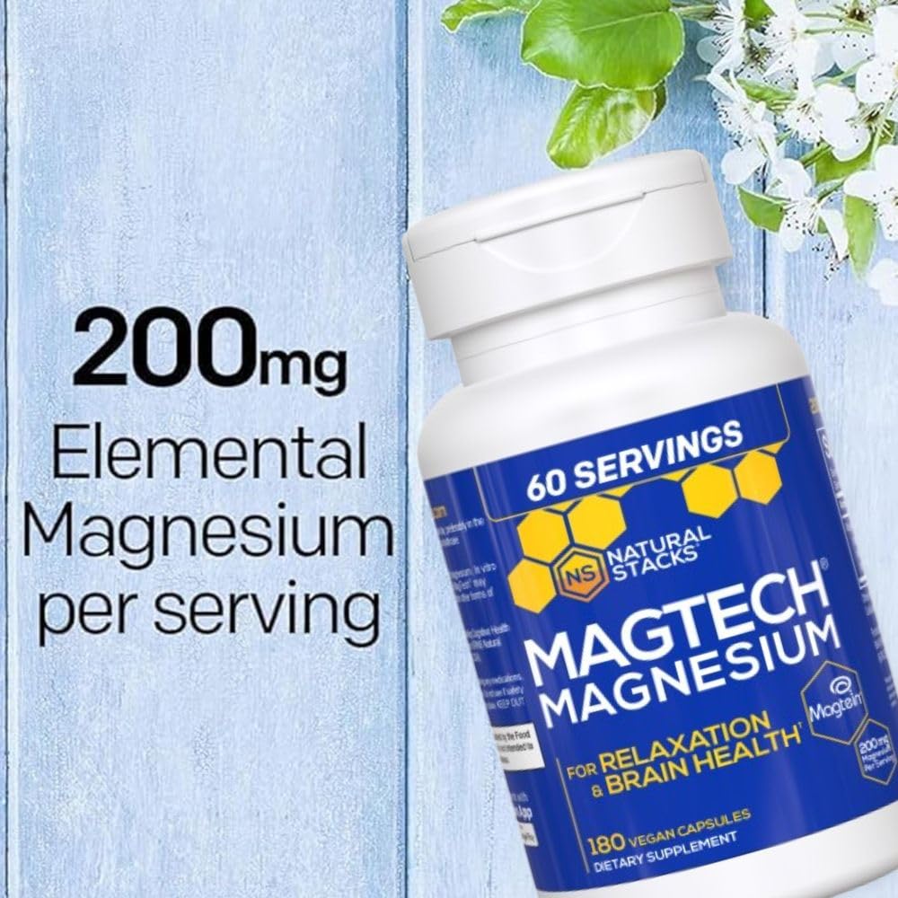 Natural Stacks MagTech label closeup shows three magnesium forms for overall magnesium support.