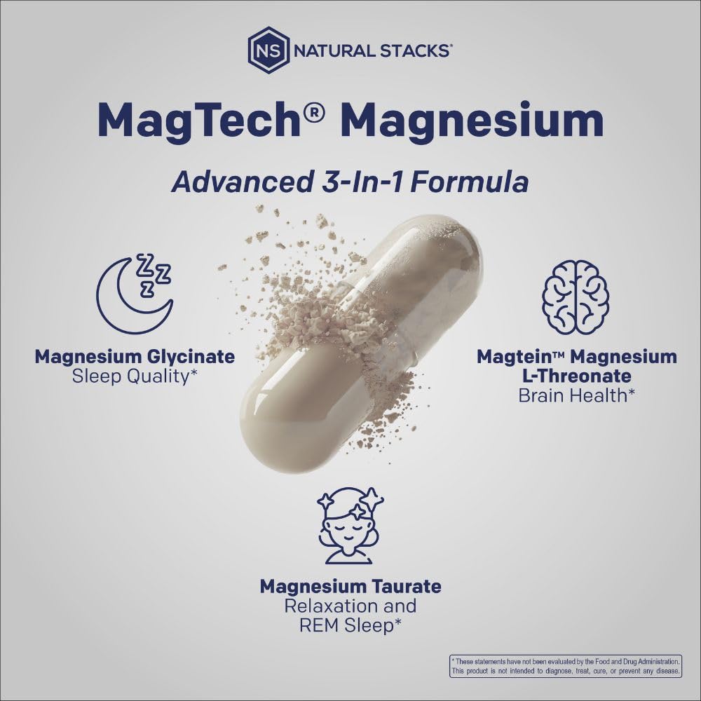 Natural Stacks MagTech bottle open capsules reveal triple-form magnesium advantage for balance.