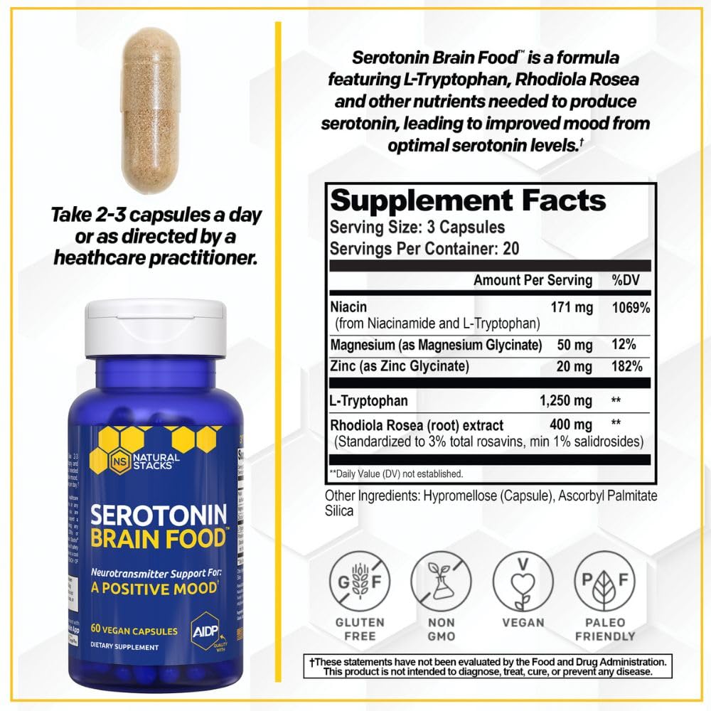Natural Stacks Serotonin Brain Food capsules displayed for consistent neurotransmitter support.