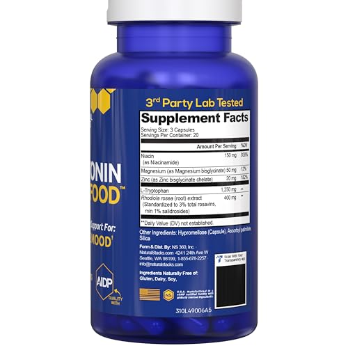 Natural Stacks Serotonin Brain Food close-up label emphasizing transparency.