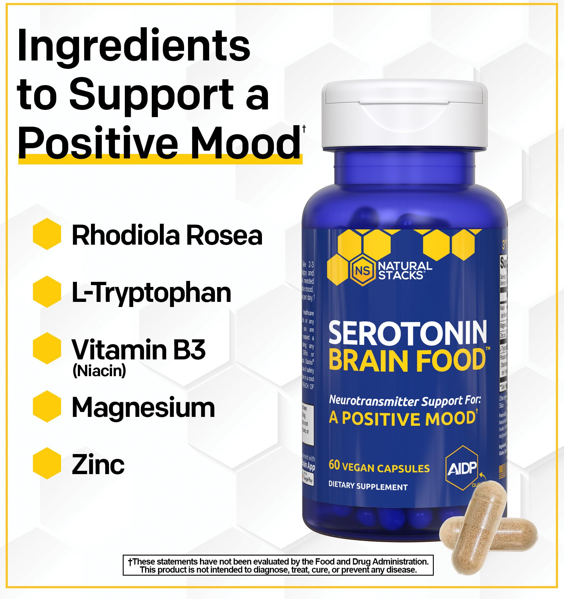 Natural Stacks Serotonin Brain Food ingredients panel for clarity and trust.