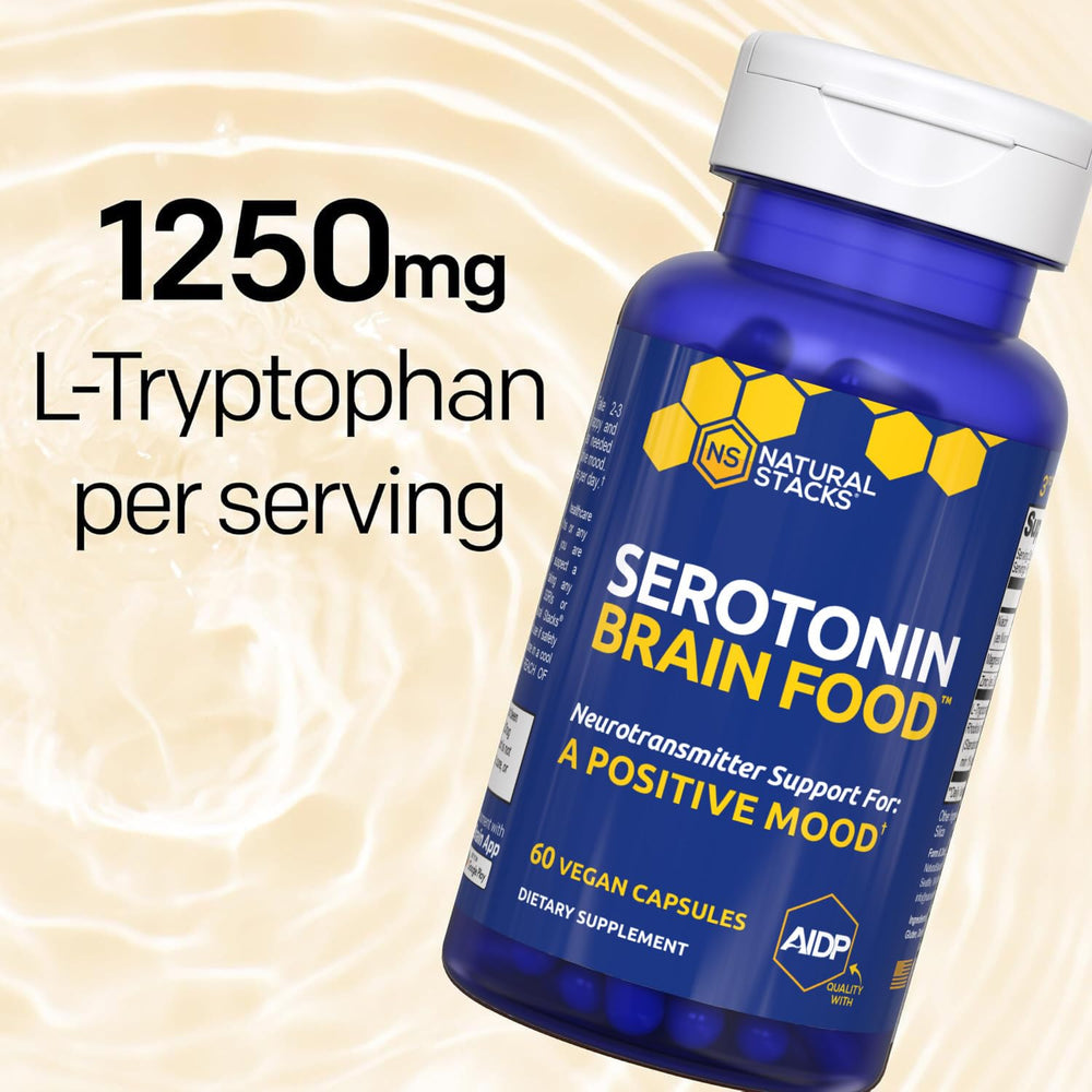 Natural Stacks Serotonin Brain Food label highlighting open-source transparency.