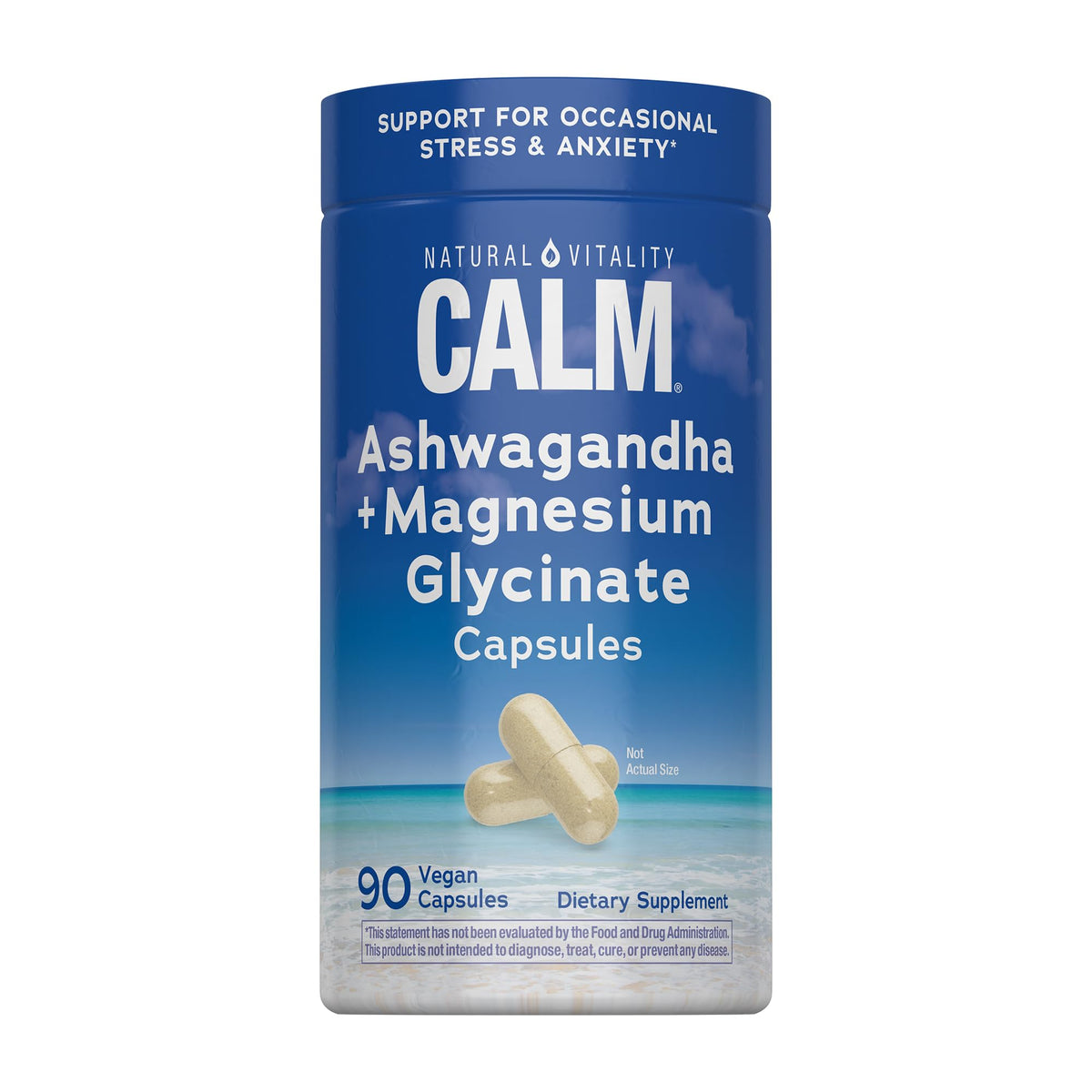 Natural Vitality CALM Ashwagandha bottle, stress support concept.