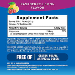 Natural Vitality CALM powder dissolving in water for a fizzy, soothing beverage.