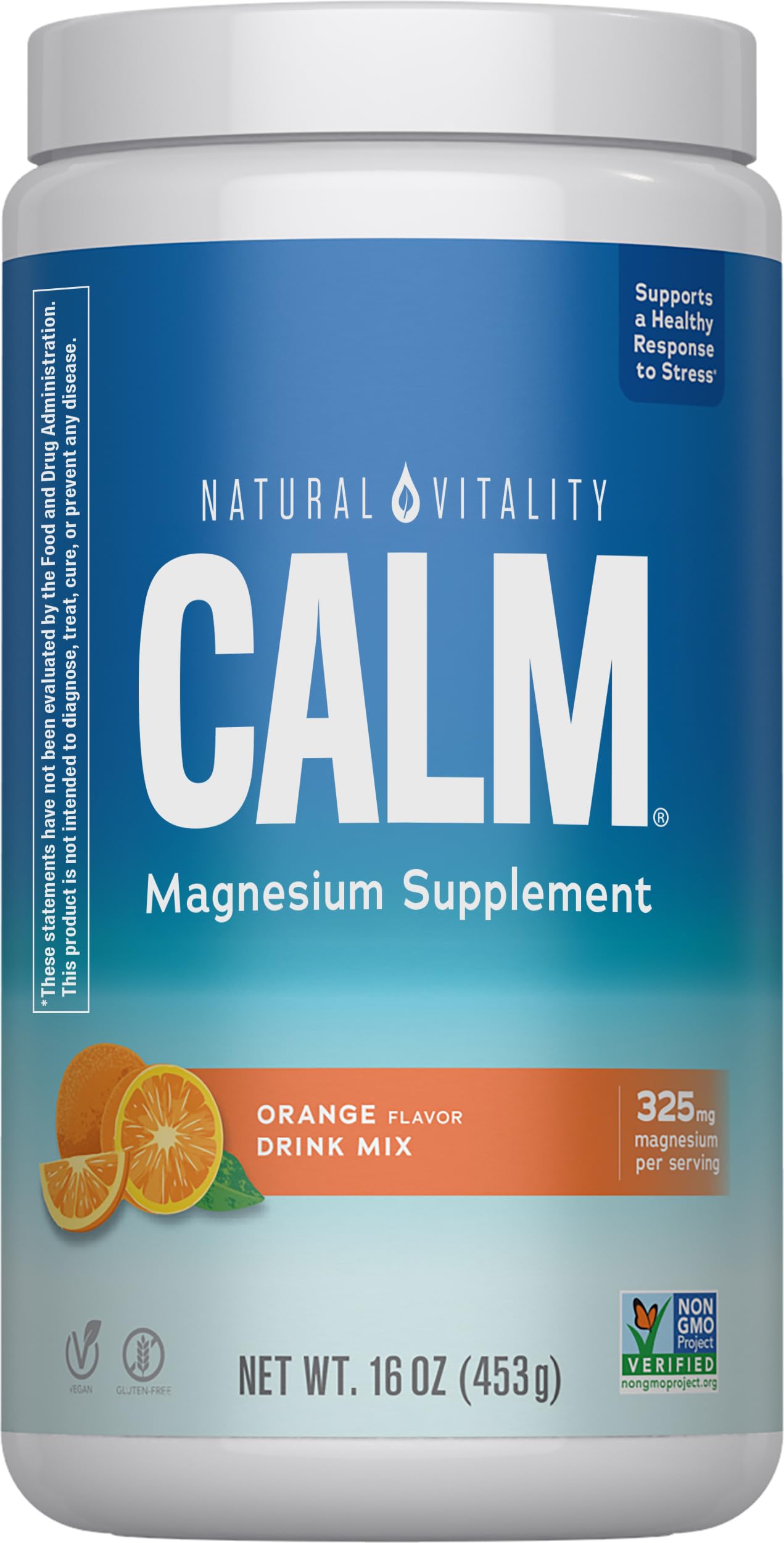 Natural Vitality CALM bottle side view, ready-to-mix for a calming orange beverage.