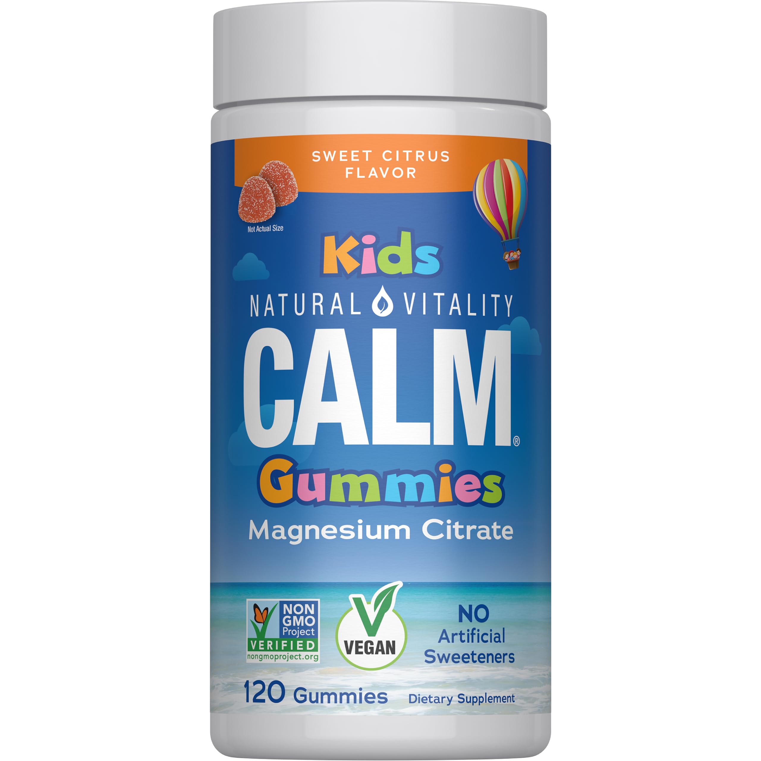 Natural Vitality CALM Kids bottle with gummies supporting a healthy stress response