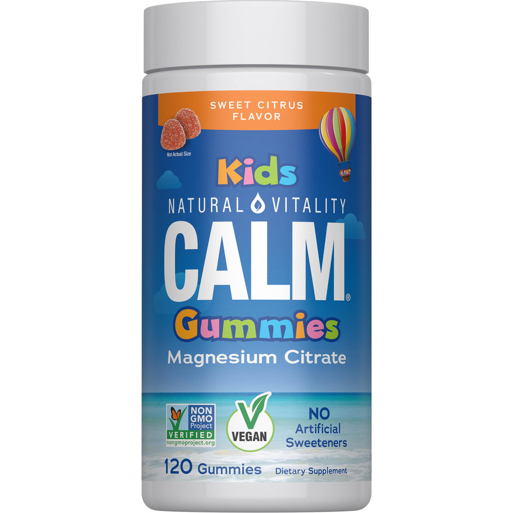 Natural Vitality CALM Kids bottle with gummies supporting a healthy stress response