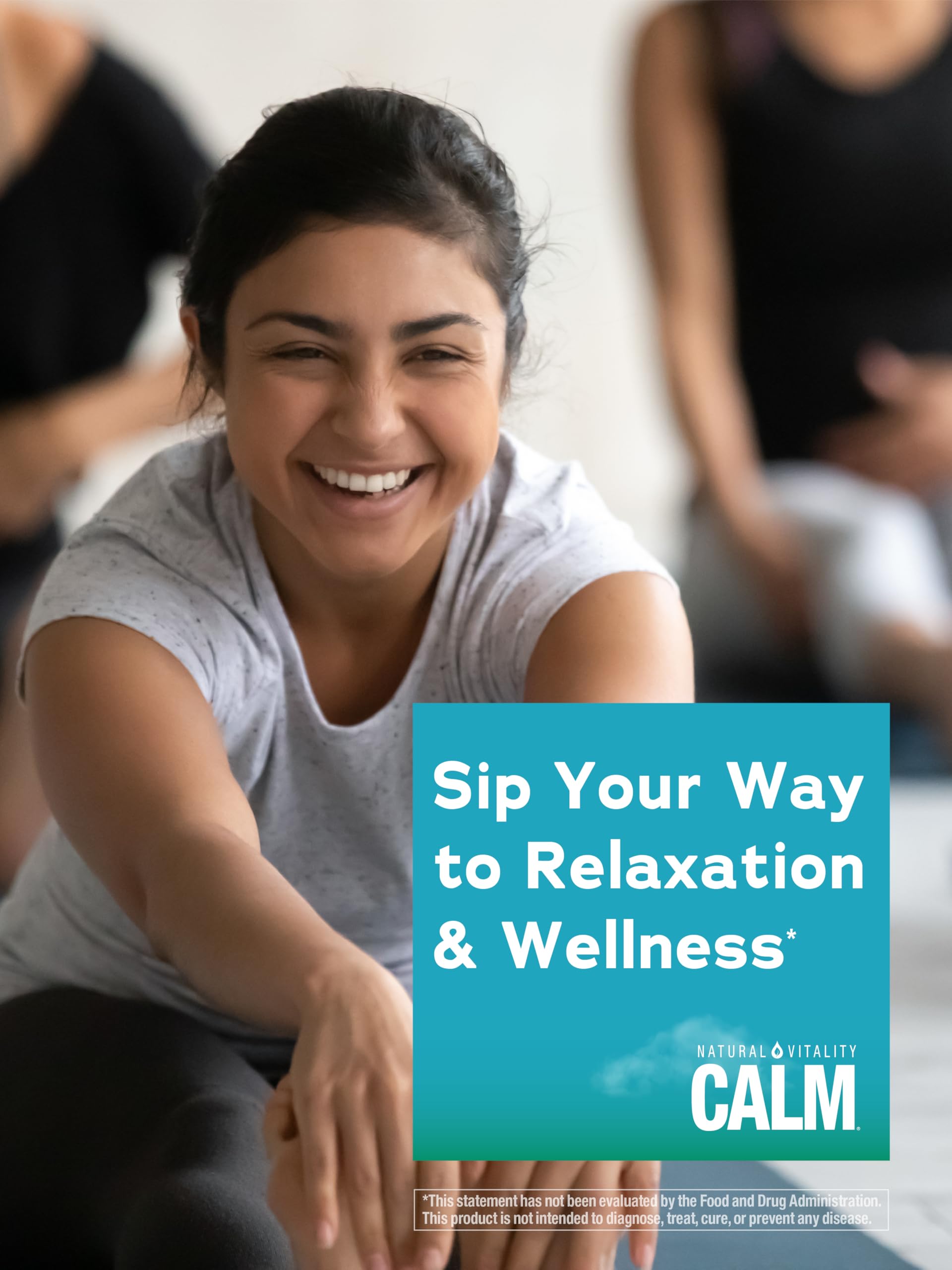 Natural Vitality CALM label close-up highlighting ingredients and benefits.