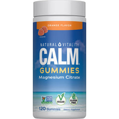 Natural Vitality Calm magnesium gummies orange bottle close-up for a daily routine