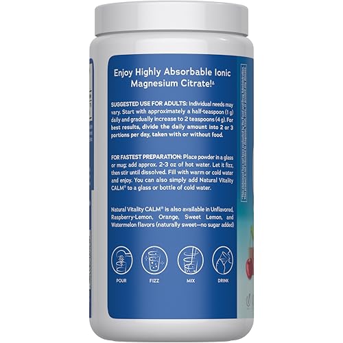 Close-up of Natural Vitality CALM label showing magnesium per serving details.