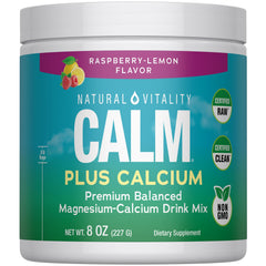 Natural Vitality CALM bottle front shows the magnesium-calcium blend for potential relaxation.